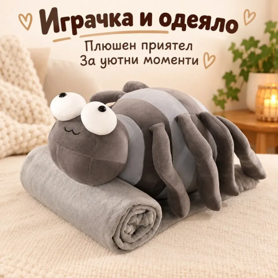 Плюшено животинче паяк с меко одеяло – сладък приятел за уют и подарък