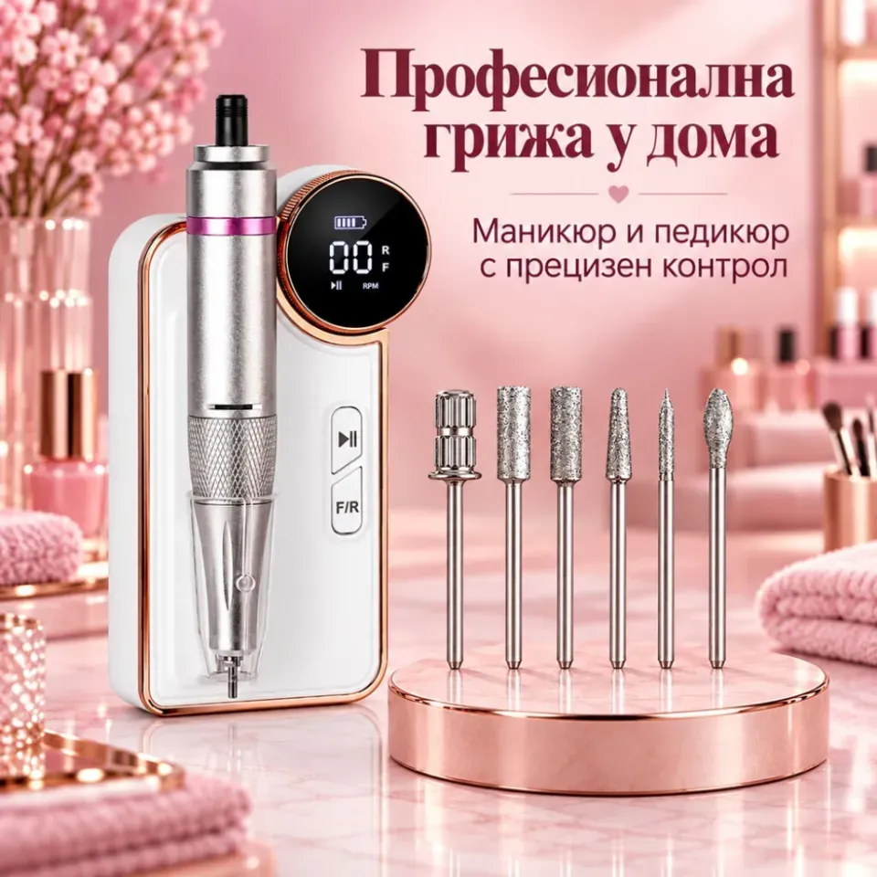 Акумулаторна електрическа пила за маникюр и педикюр 50 W, 35 000 об./мин с LCD дисплей