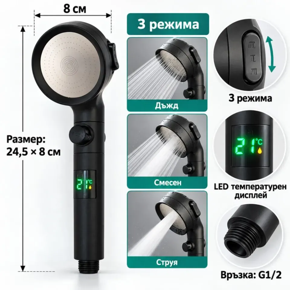 Душ слушалка с LED температурен дисплей и 3 режима