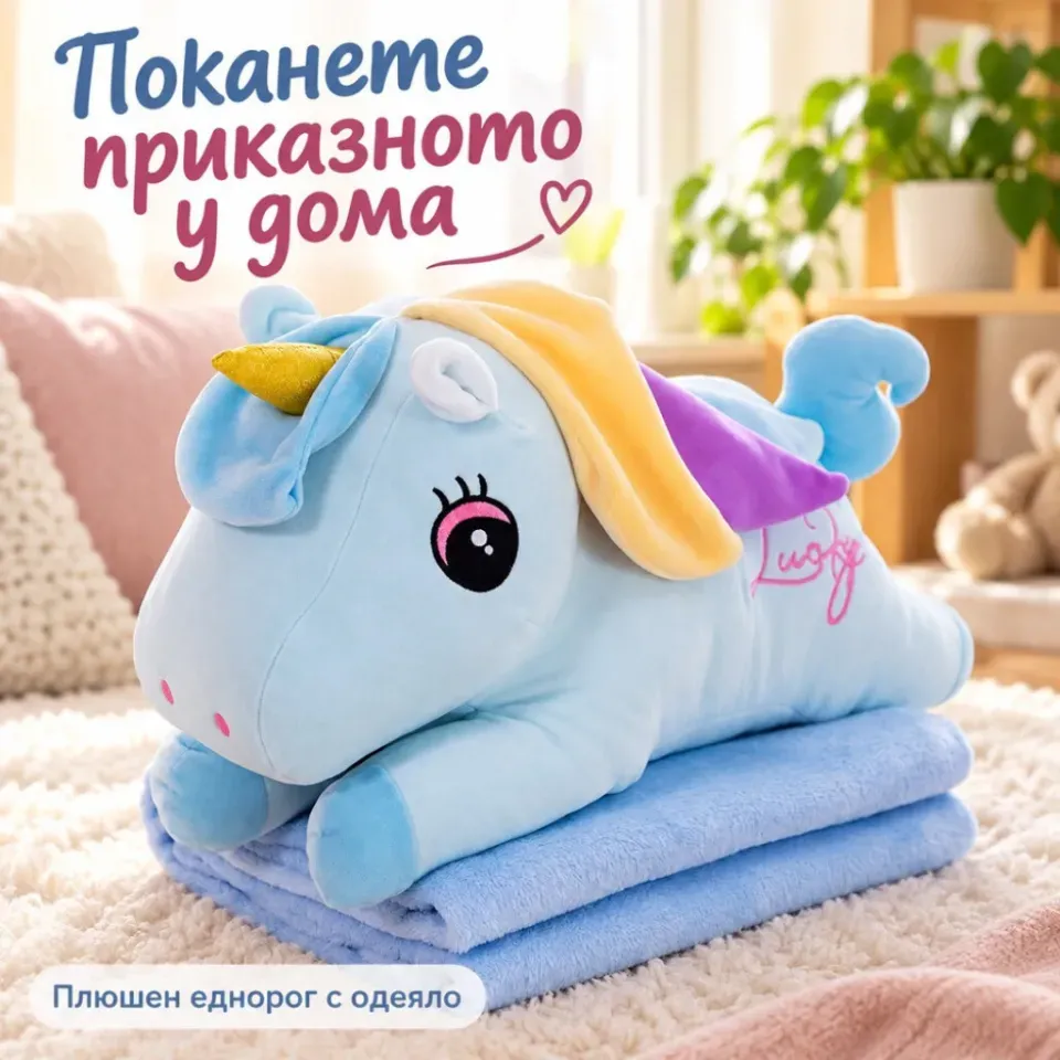 Плюшен еднорог с меко одеяло – сладък приятел за уют и подарък