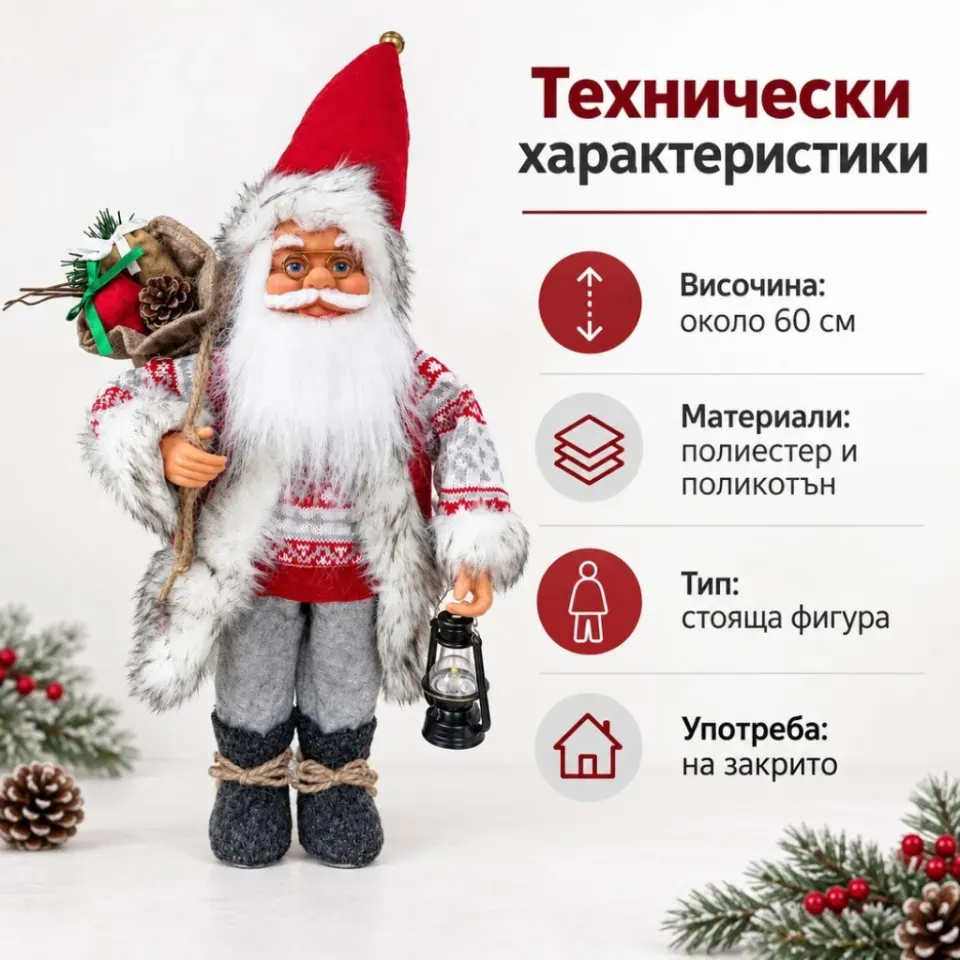 Дядо Коледа 60 см – Стояща коледна декоративна фигура с фенер и чувал